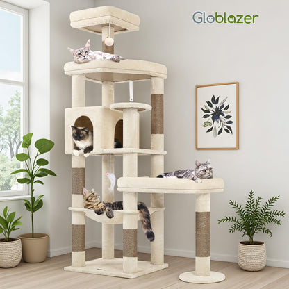 Extra Large Platform Cactus Cat Tree, 65in Sturdy Cat Tree for Multiple Indoor Cats Large Adult, Big Cat Tower with 3 Padded Perches, 6 Scratching Posts, Spacious Condo, Hammock, S65, Green