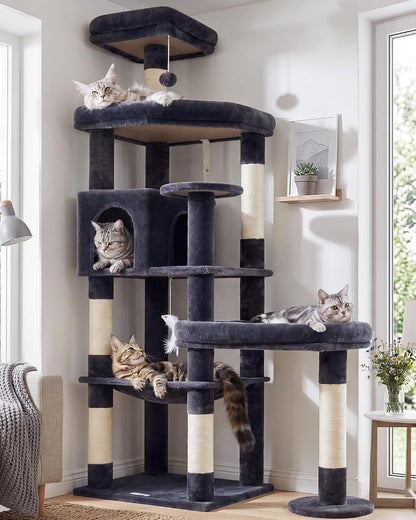 Extra Large Platform Cactus Cat Tree, 65in Sturdy Cat Tree for Multiple Indoor Cats Large Adult, Big Cat Tower with 3 Padded Perches, 6 Scratching Posts, Spacious Condo, Hammock, S65, Green