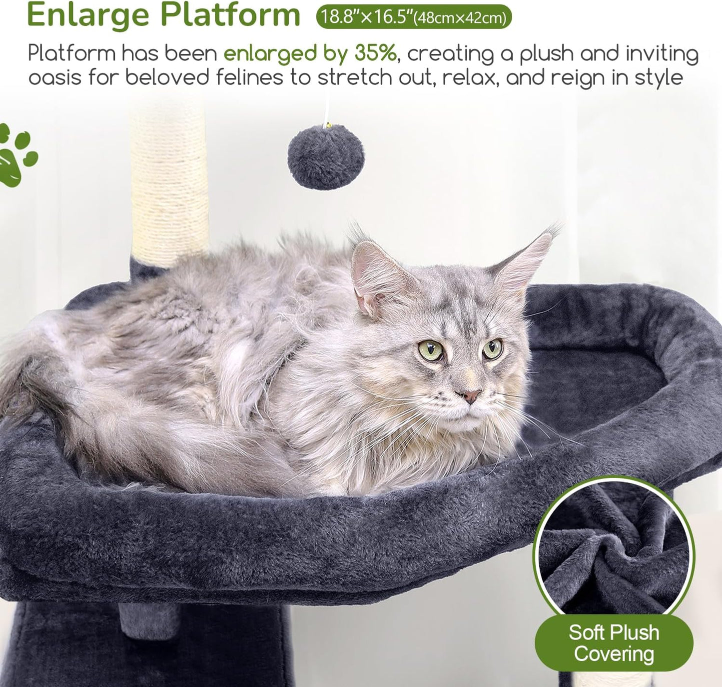 Extra Large Platform Cactus Cat Tree, 65in Sturdy Cat Tree for Multiple Indoor Cats Large Adult, Big Cat Tower with 3 Padded Perches, 6 Scratching Posts, Spacious Condo, Hammock, S65, Green