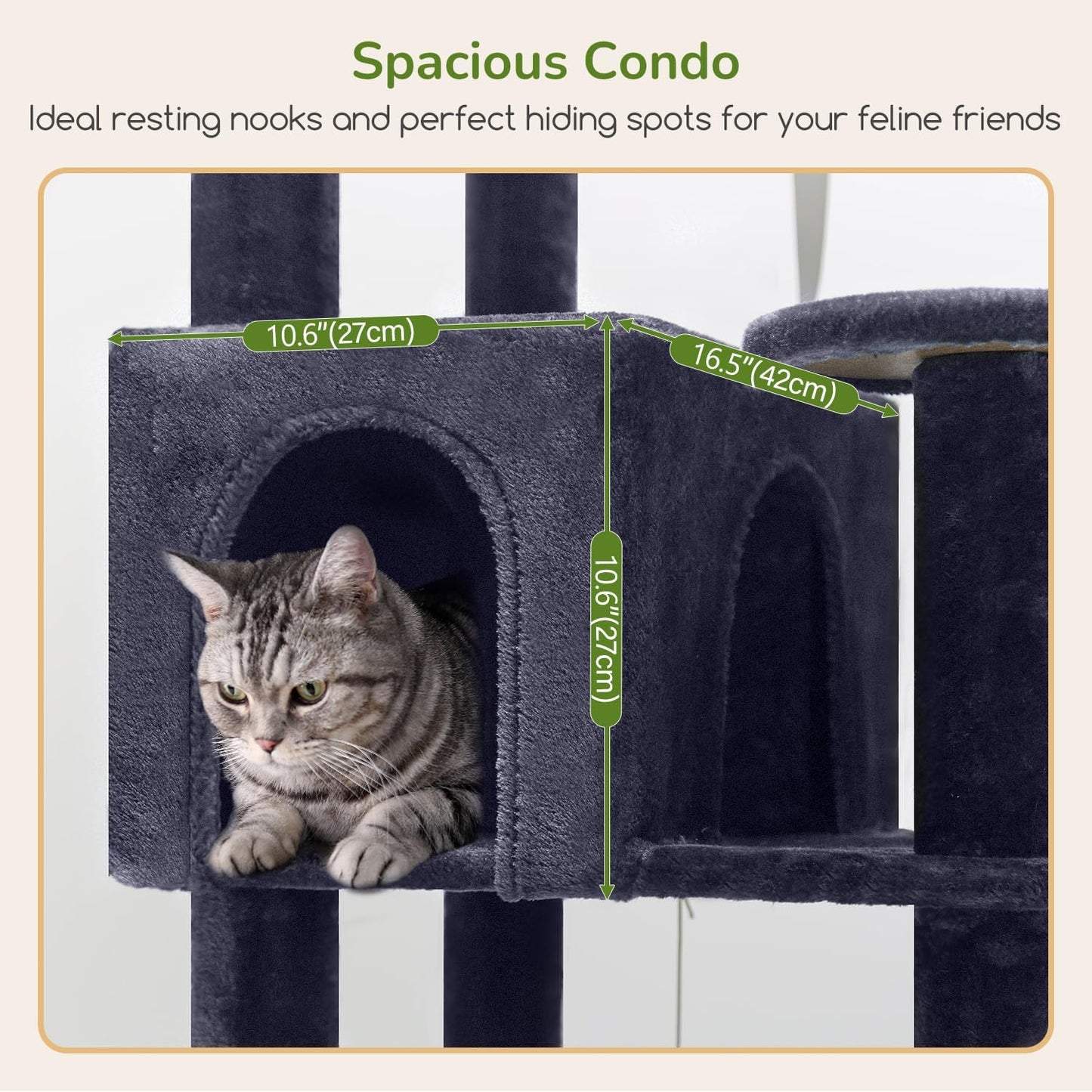 Extra Large Platform Cactus Cat Tree, 65in Sturdy Cat Tree for Multiple Indoor Cats Large Adult, Big Cat Tower with 3 Padded Perches, 6 Scratching Posts, Spacious Condo, Hammock, S65, Green