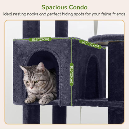 Extra Large Platform Cactus Cat Tree, 65in Sturdy Cat Tree for Multiple Indoor Cats Large Adult, Big Cat Tower with 3 Padded Perches, 6 Scratching Posts, Spacious Condo, Hammock, S65, Green