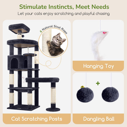 Extra Large Platform Cactus Cat Tree, 65in Sturdy Cat Tree for Multiple Indoor Cats Large Adult, Big Cat Tower with 3 Padded Perches, 6 Scratching Posts, Spacious Condo, Hammock, S65, Green