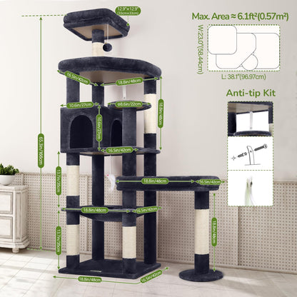 Extra Large Platform Cactus Cat Tree, 65in Sturdy Cat Tree for Multiple Indoor Cats Large Adult, Big Cat Tower with 3 Padded Perches, 6 Scratching Posts, Spacious Condo, Hammock, S65, Green