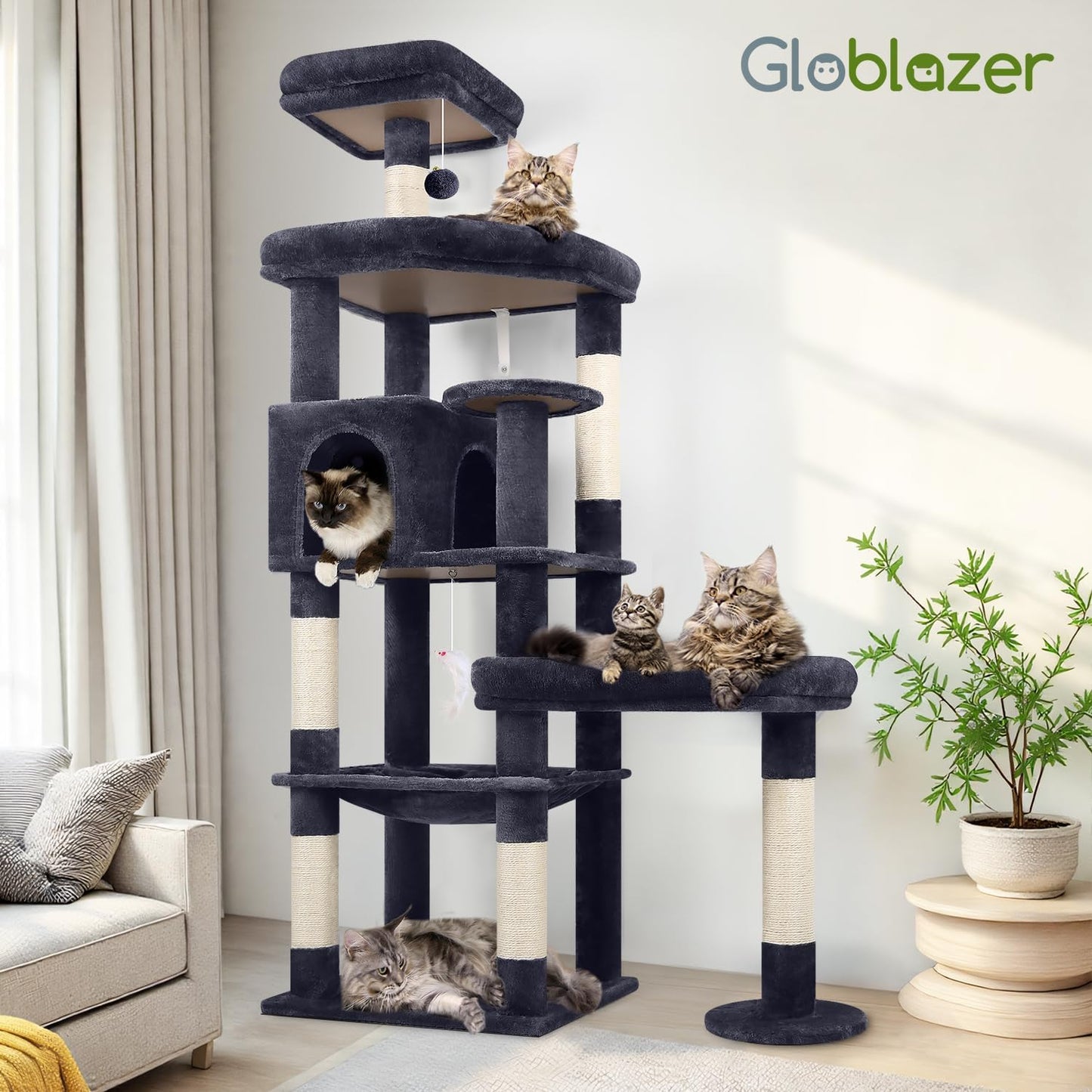 Extra Large Platform Cactus Cat Tree, 65in Sturdy Cat Tree for Multiple Indoor Cats Large Adult, Big Cat Tower with 3 Padded Perches, 6 Scratching Posts, Spacious Condo, Hammock, S65, Green