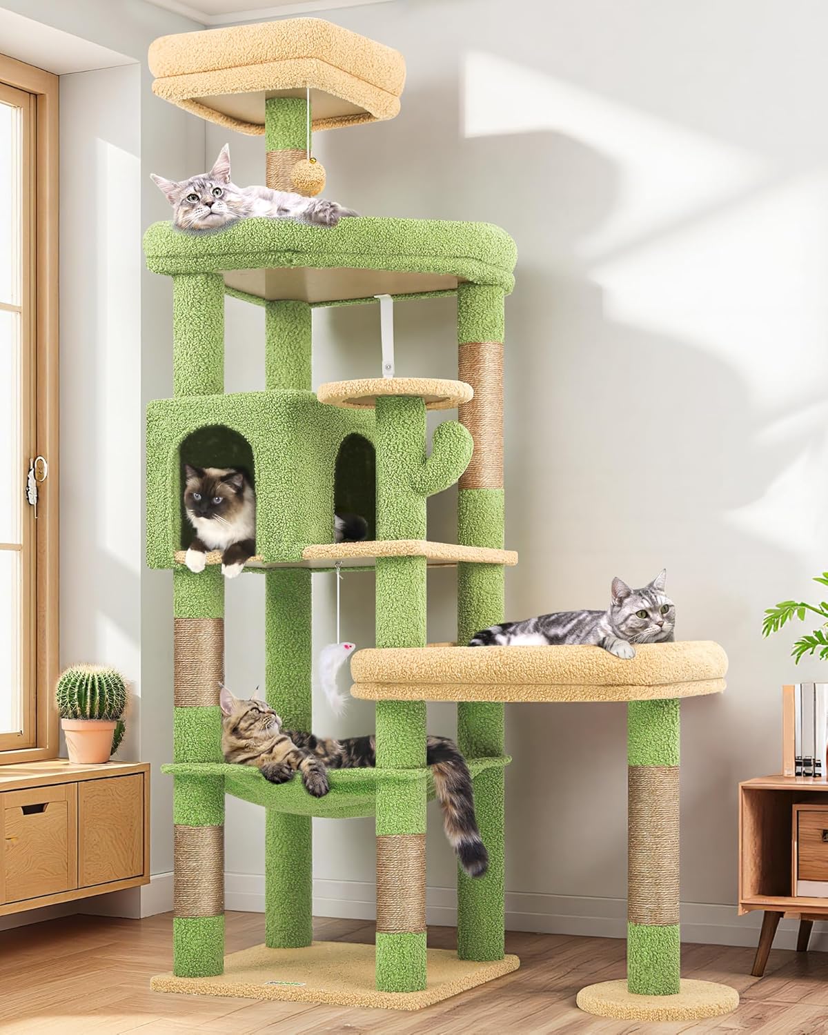 Extra Large Platform Cactus Cat Tree, 65in Sturdy Cat Tree for Multiple Indoor Cats Large Adult, Big Cat Tower with 3 Padded Perches, 6 Scratching Posts, Spacious Condo, Hammock, S65, Green