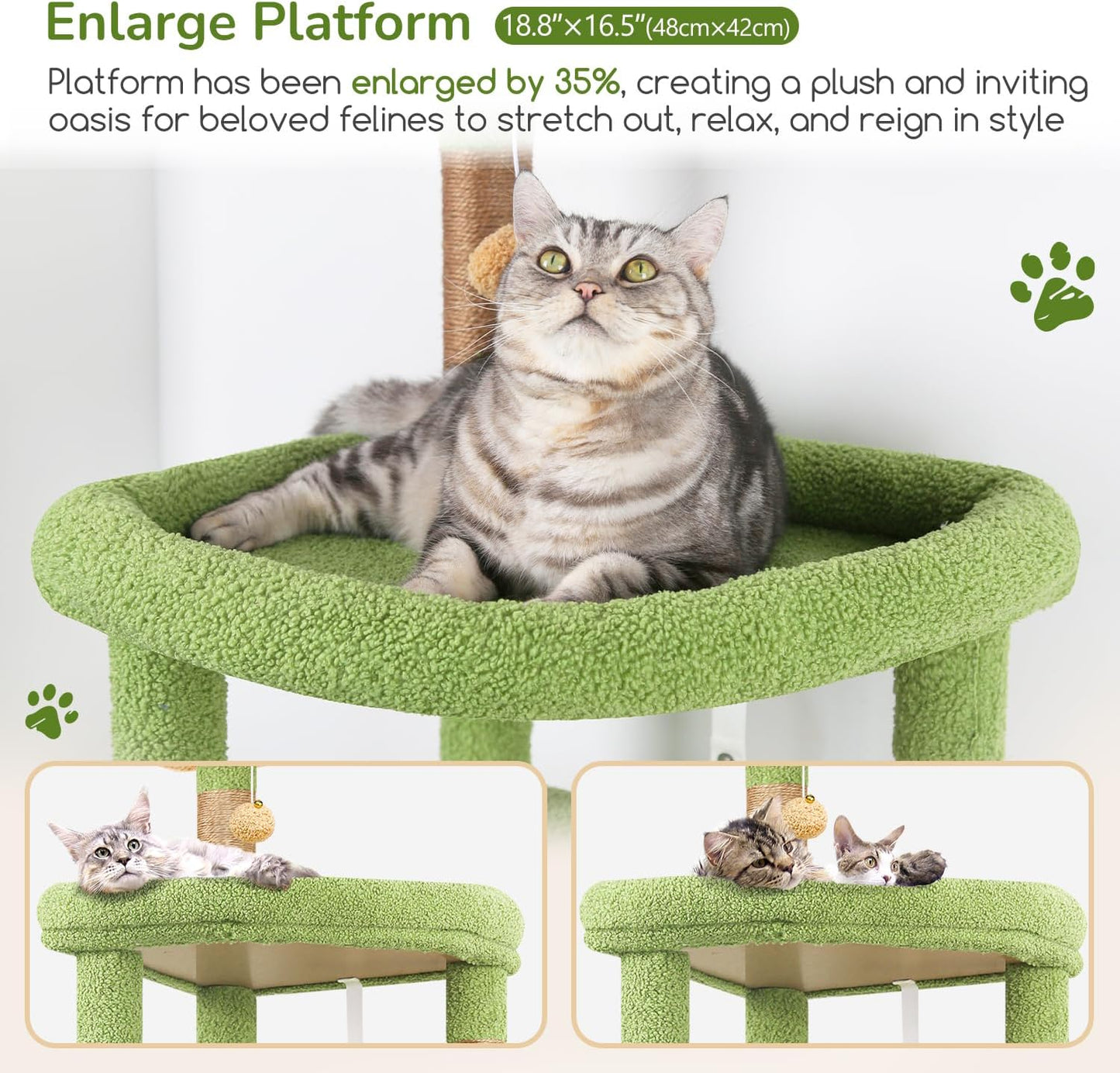 Extra Large Platform Cactus Cat Tree, 65in Sturdy Cat Tree for Multiple Indoor Cats Large Adult, Big Cat Tower with 3 Padded Perches, 6 Scratching Posts, Spacious Condo, Hammock, S65, Green