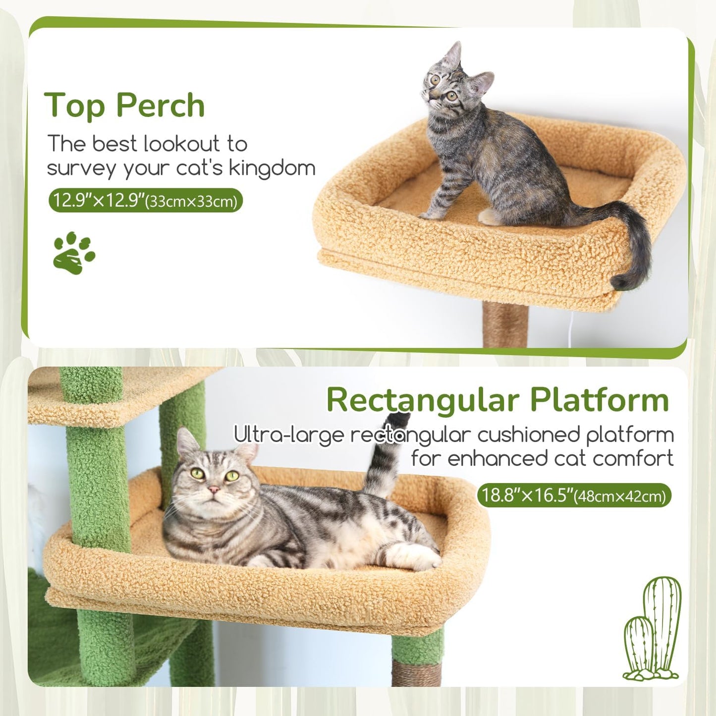 Extra Large Platform Cactus Cat Tree, 65in Sturdy Cat Tree for Multiple Indoor Cats Large Adult, Big Cat Tower with 3 Padded Perches, 6 Scratching Posts, Spacious Condo, Hammock, S65, Green