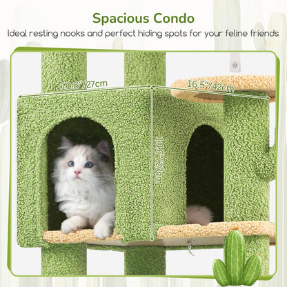 Extra Large Platform Cactus Cat Tree, 65in Sturdy Cat Tree for Multiple Indoor Cats Large Adult, Big Cat Tower with 3 Padded Perches, 6 Scratching Posts, Spacious Condo, Hammock, S65, Green