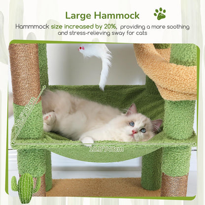 Extra Large Platform Cactus Cat Tree, 65in Sturdy Cat Tree for Multiple Indoor Cats Large Adult, Big Cat Tower with 3 Padded Perches, 6 Scratching Posts, Spacious Condo, Hammock, S65, Green