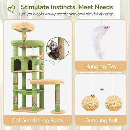 Extra Large Platform Cactus Cat Tree, 65in Sturdy Cat Tree for Multiple Indoor Cats Large Adult, Big Cat Tower with 3 Padded Perches, 6 Scratching Posts, Spacious Condo, Hammock, S65, Green