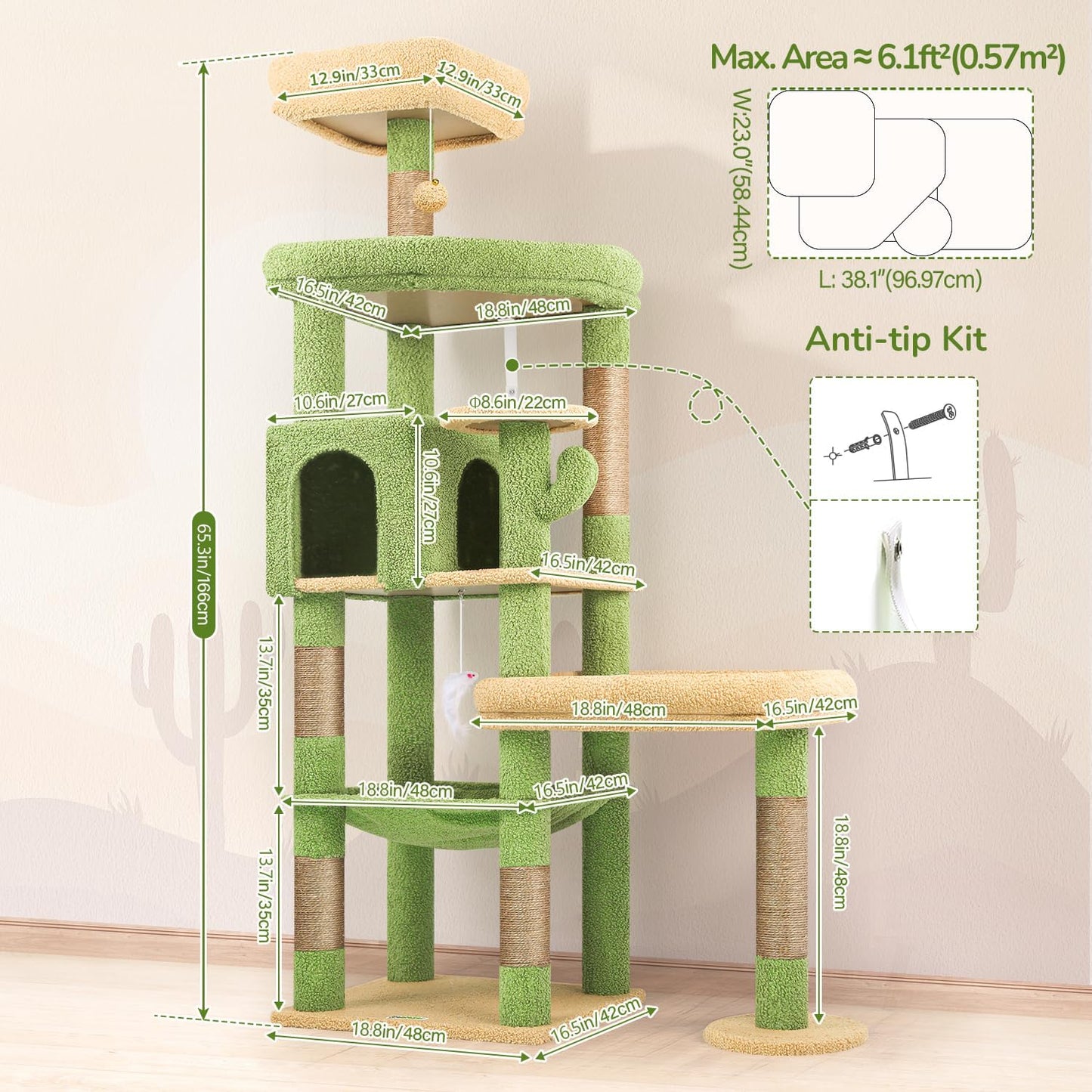 Extra Large Platform Cactus Cat Tree, 65in Sturdy Cat Tree for Multiple Indoor Cats Large Adult, Big Cat Tower with 3 Padded Perches, 6 Scratching Posts, Spacious Condo, Hammock, S65, Green