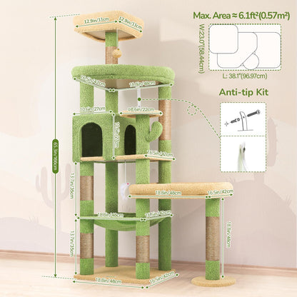 Extra Large Platform Cactus Cat Tree, 65in Sturdy Cat Tree for Multiple Indoor Cats Large Adult, Big Cat Tower with 3 Padded Perches, 6 Scratching Posts, Spacious Condo, Hammock, S65, Green