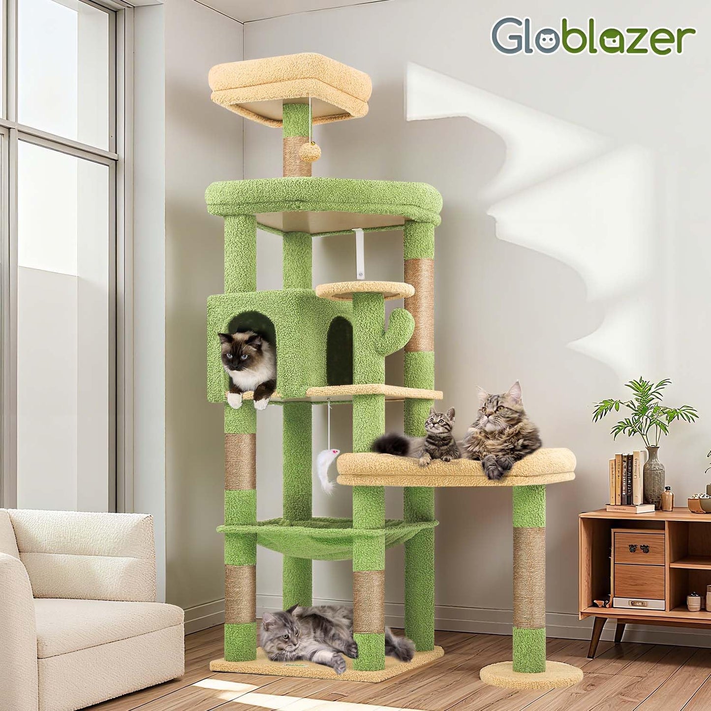 Extra Large Platform Cactus Cat Tree, 65in Sturdy Cat Tree for Multiple Indoor Cats Large Adult, Big Cat Tower with 3 Padded Perches, 6 Scratching Posts, Spacious Condo, Hammock, S65, Green