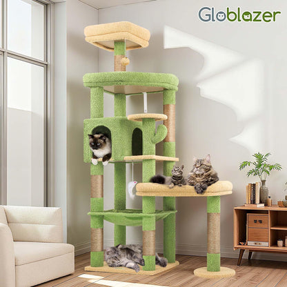 Extra Large Platform Cactus Cat Tree, 65in Sturdy Cat Tree for Multiple Indoor Cats Large Adult, Big Cat Tower with 3 Padded Perches, 6 Scratching Posts, Spacious Condo, Hammock, S65, Green