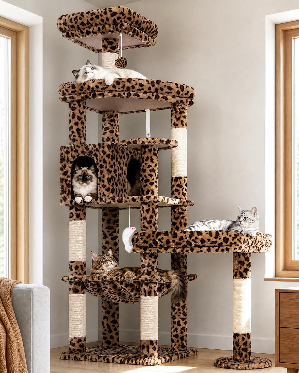 Extra Large Platform Cactus Cat Tree, 65in Sturdy Cat Tree for Multiple Indoor Cats Large Adult, Big Cat Tower with 3 Padded Perches, 6 Scratching Posts, Spacious Condo, Hammock, S65, Green