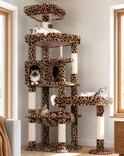 Extra Large Platform Cactus Cat Tree, 65in Sturdy Cat Tree for Multiple Indoor Cats Large Adult, Big Cat Tower with 3 Padded Perches, 6 Scratching Posts, Spacious Condo, Hammock, S65, Green