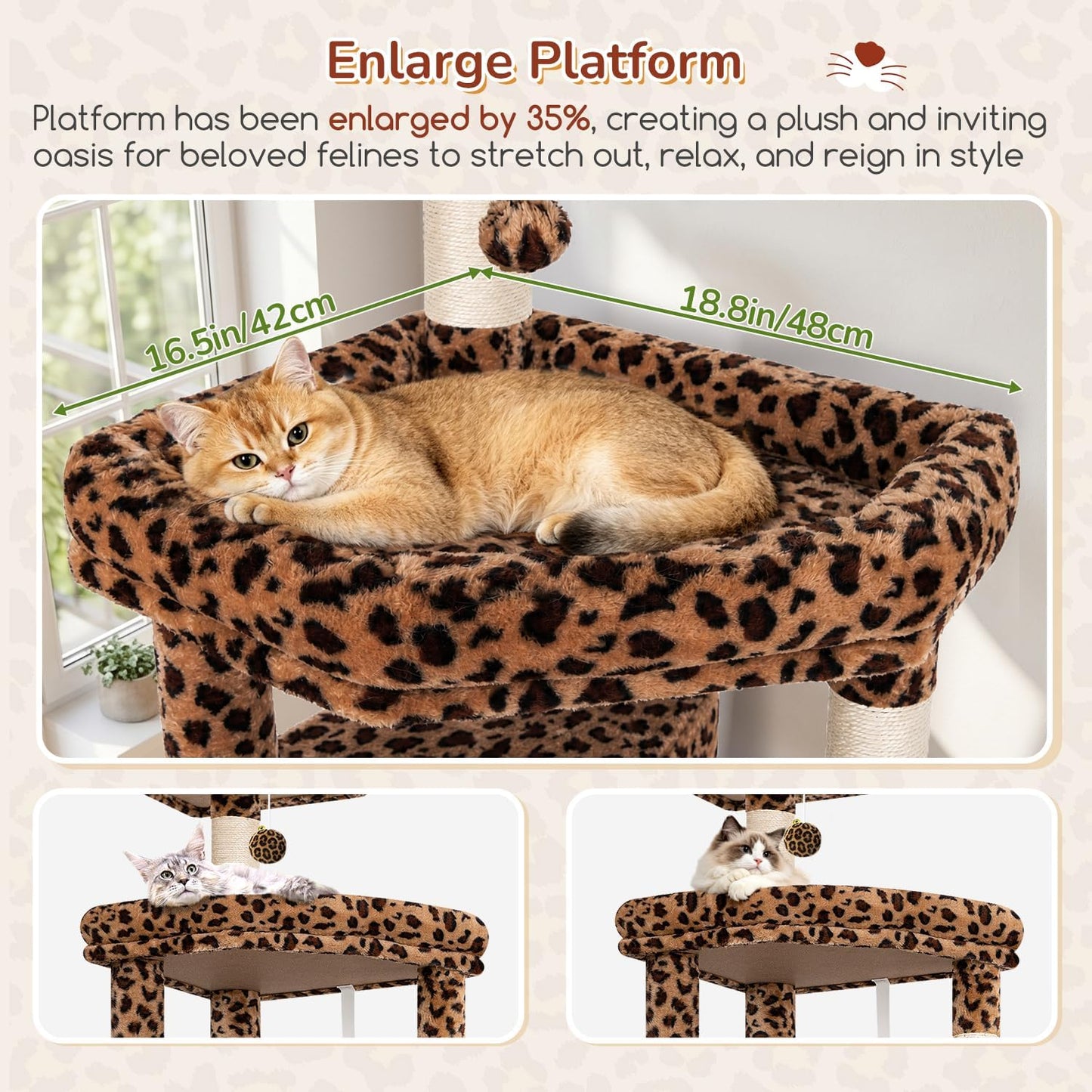 Extra Large Platform Cactus Cat Tree, 65in Sturdy Cat Tree for Multiple Indoor Cats Large Adult, Big Cat Tower with 3 Padded Perches, 6 Scratching Posts, Spacious Condo, Hammock, S65, Green