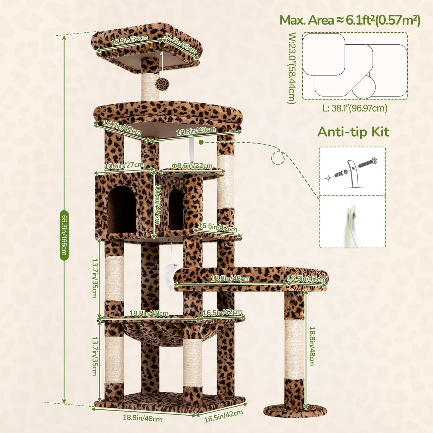 Extra Large Platform Cactus Cat Tree, 65in Sturdy Cat Tree for Multiple Indoor Cats Large Adult, Big Cat Tower with 3 Padded Perches, 6 Scratching Posts, Spacious Condo, Hammock, S65, Green