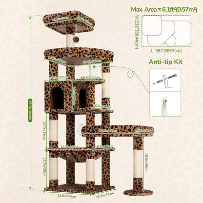 Extra Large Platform Cactus Cat Tree, 65in Sturdy Cat Tree for Multiple Indoor Cats Large Adult, Big Cat Tower with 3 Padded Perches, 6 Scratching Posts, Spacious Condo, Hammock, S65, Green