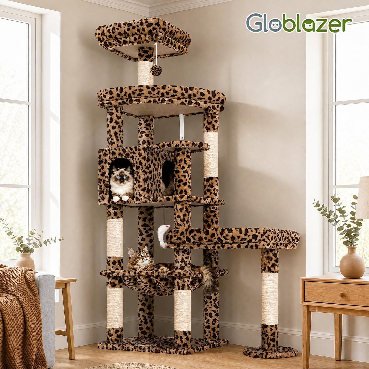 Extra Large Platform Cactus Cat Tree, 65in Sturdy Cat Tree for Multiple Indoor Cats Large Adult, Big Cat Tower with 3 Padded Perches, 6 Scratching Posts, Spacious Condo, Hammock, S65, Green