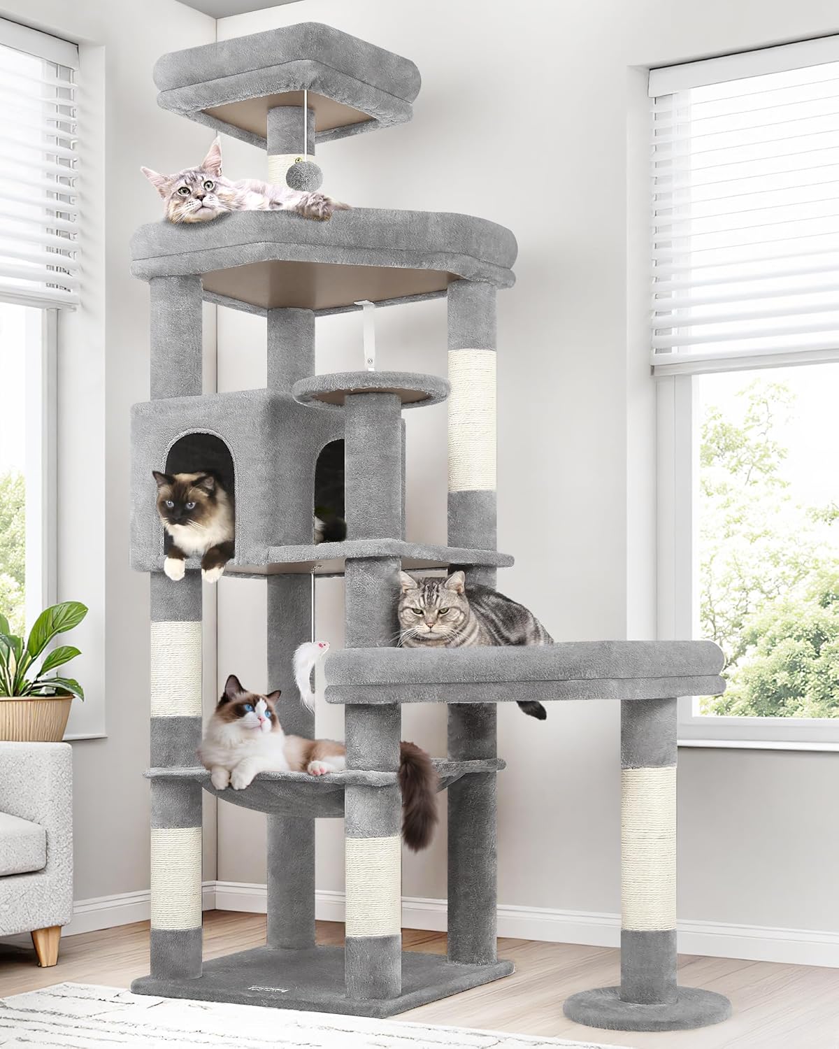 Extra Large Platform Cactus Cat Tree, 65in Sturdy Cat Tree for Multiple Indoor Cats Large Adult, Big Cat Tower with 3 Padded Perches, 6 Scratching Posts, Spacious Condo, Hammock, S65, Green