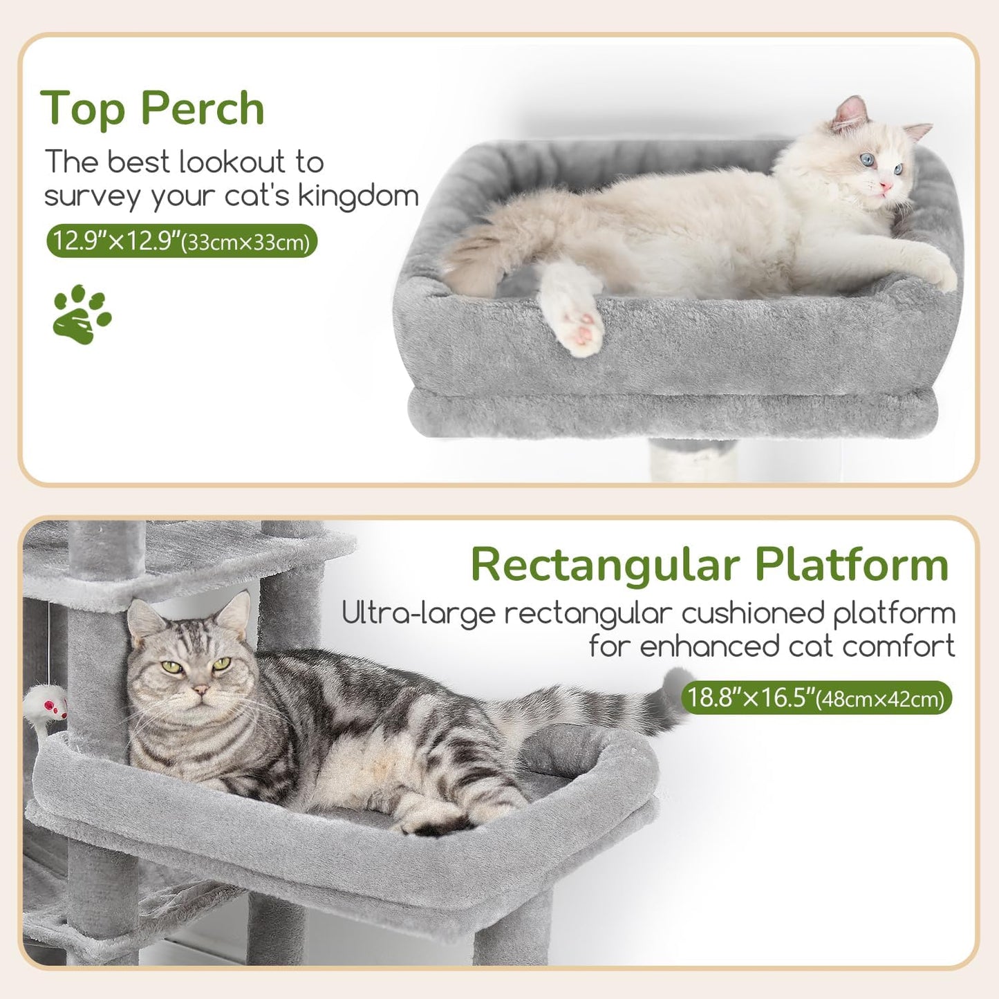 Extra Large Platform Cactus Cat Tree, 65in Sturdy Cat Tree for Multiple Indoor Cats Large Adult, Big Cat Tower with 3 Padded Perches, 6 Scratching Posts, Spacious Condo, Hammock, S65, Green