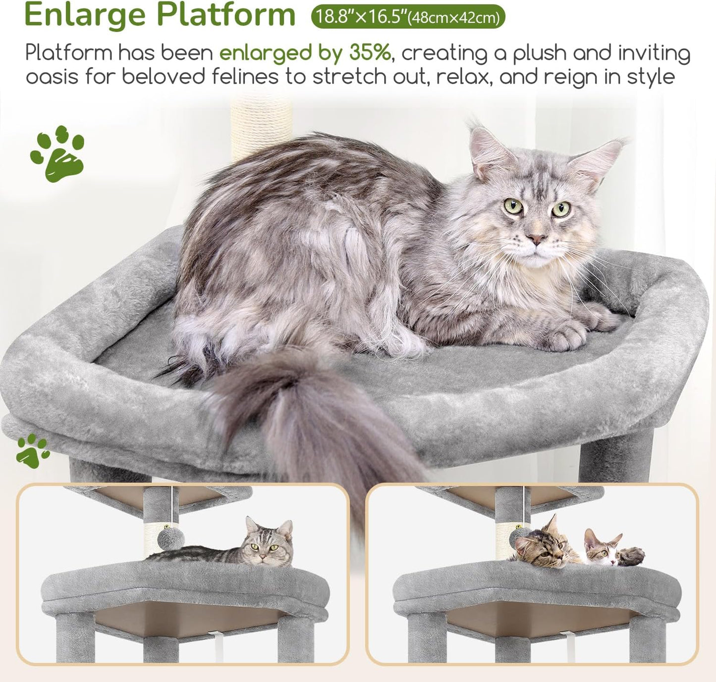 Extra Large Platform Cactus Cat Tree, 65in Sturdy Cat Tree for Multiple Indoor Cats Large Adult, Big Cat Tower with 3 Padded Perches, 6 Scratching Posts, Spacious Condo, Hammock, S65, Green