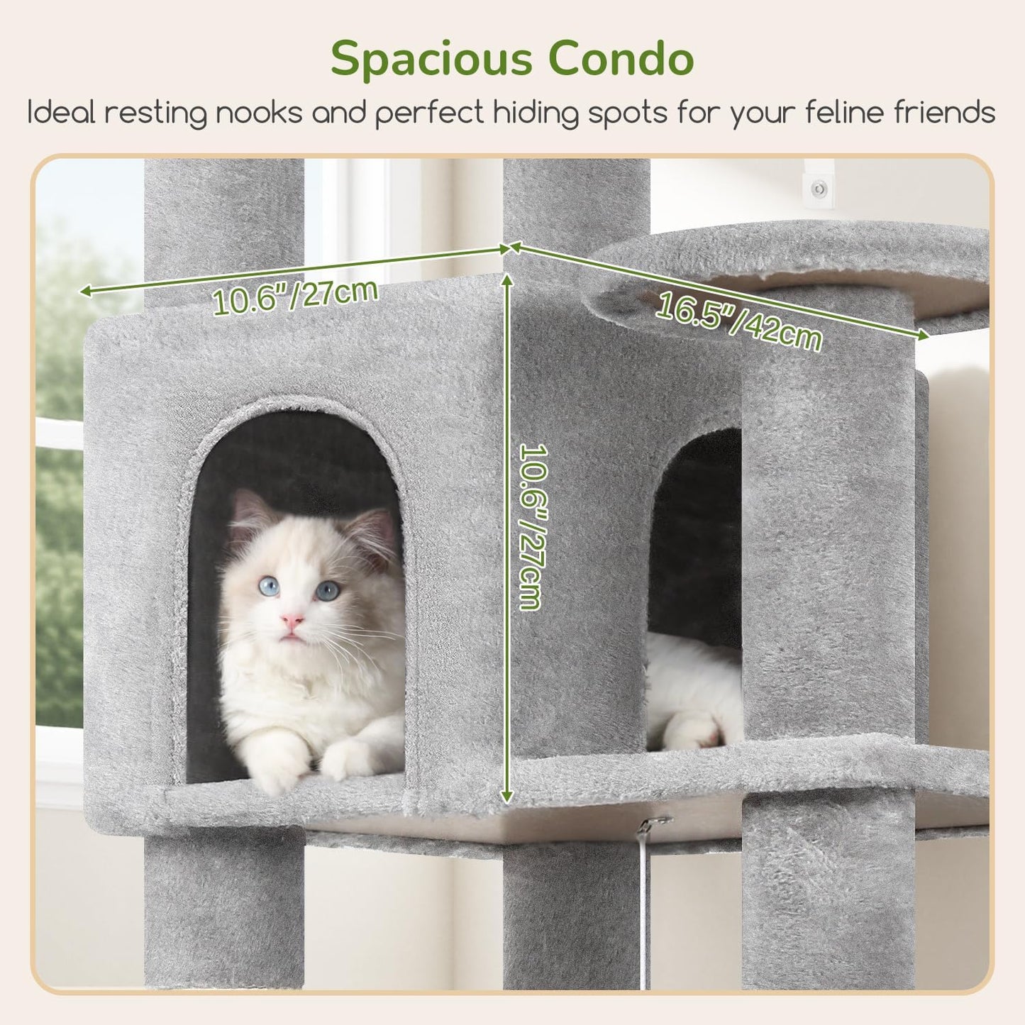 Extra Large Platform Cactus Cat Tree, 65in Sturdy Cat Tree for Multiple Indoor Cats Large Adult, Big Cat Tower with 3 Padded Perches, 6 Scratching Posts, Spacious Condo, Hammock, S65, Green