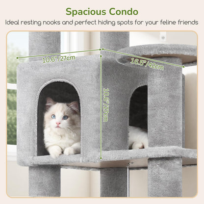 Extra Large Platform Cactus Cat Tree, 65in Sturdy Cat Tree for Multiple Indoor Cats Large Adult, Big Cat Tower with 3 Padded Perches, 6 Scratching Posts, Spacious Condo, Hammock, S65, Green