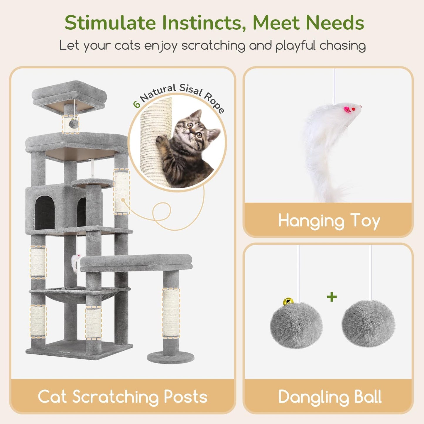 Extra Large Platform Cactus Cat Tree, 65in Sturdy Cat Tree for Multiple Indoor Cats Large Adult, Big Cat Tower with 3 Padded Perches, 6 Scratching Posts, Spacious Condo, Hammock, S65, Green