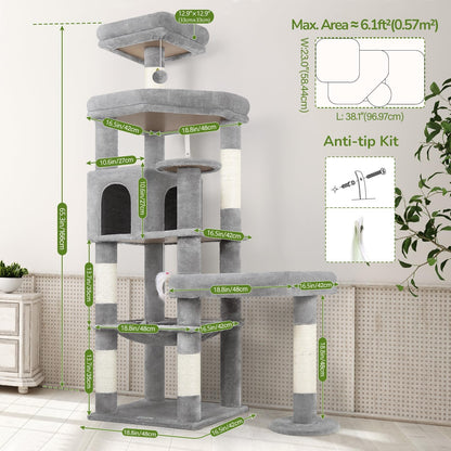 Extra Large Platform Cactus Cat Tree, 65in Sturdy Cat Tree for Multiple Indoor Cats Large Adult, Big Cat Tower with 3 Padded Perches, 6 Scratching Posts, Spacious Condo, Hammock, S65, Green