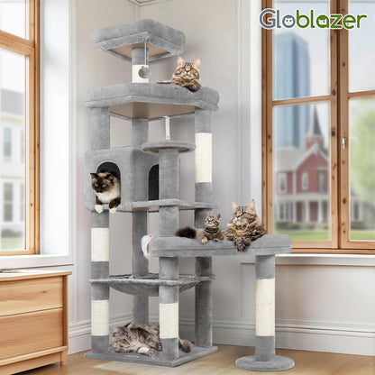 Extra Large Platform Cactus Cat Tree, 65in Sturdy Cat Tree for Multiple Indoor Cats Large Adult, Big Cat Tower with 3 Padded Perches, 6 Scratching Posts, Spacious Condo, Hammock, S65, Green