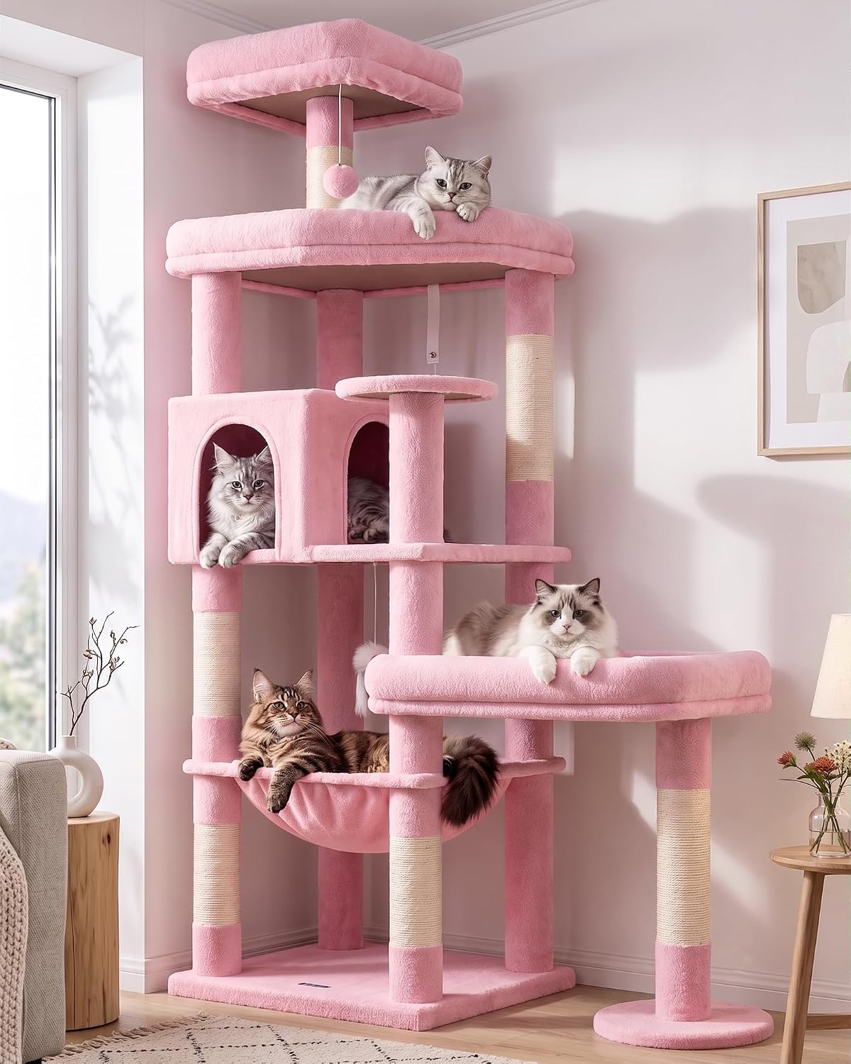 Extra Large Platform Cactus Cat Tree, 65in Sturdy Cat Tree for Multiple Indoor Cats Large Adult, Big Cat Tower with 3 Padded Perches, 6 Scratching Posts, Spacious Condo, Hammock, S65, Green