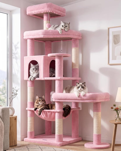 Extra Large Platform Cactus Cat Tree, 65in Sturdy Cat Tree for Multiple Indoor Cats Large Adult, Big Cat Tower with 3 Padded Perches, 6 Scratching Posts, Spacious Condo, Hammock, S65, Green