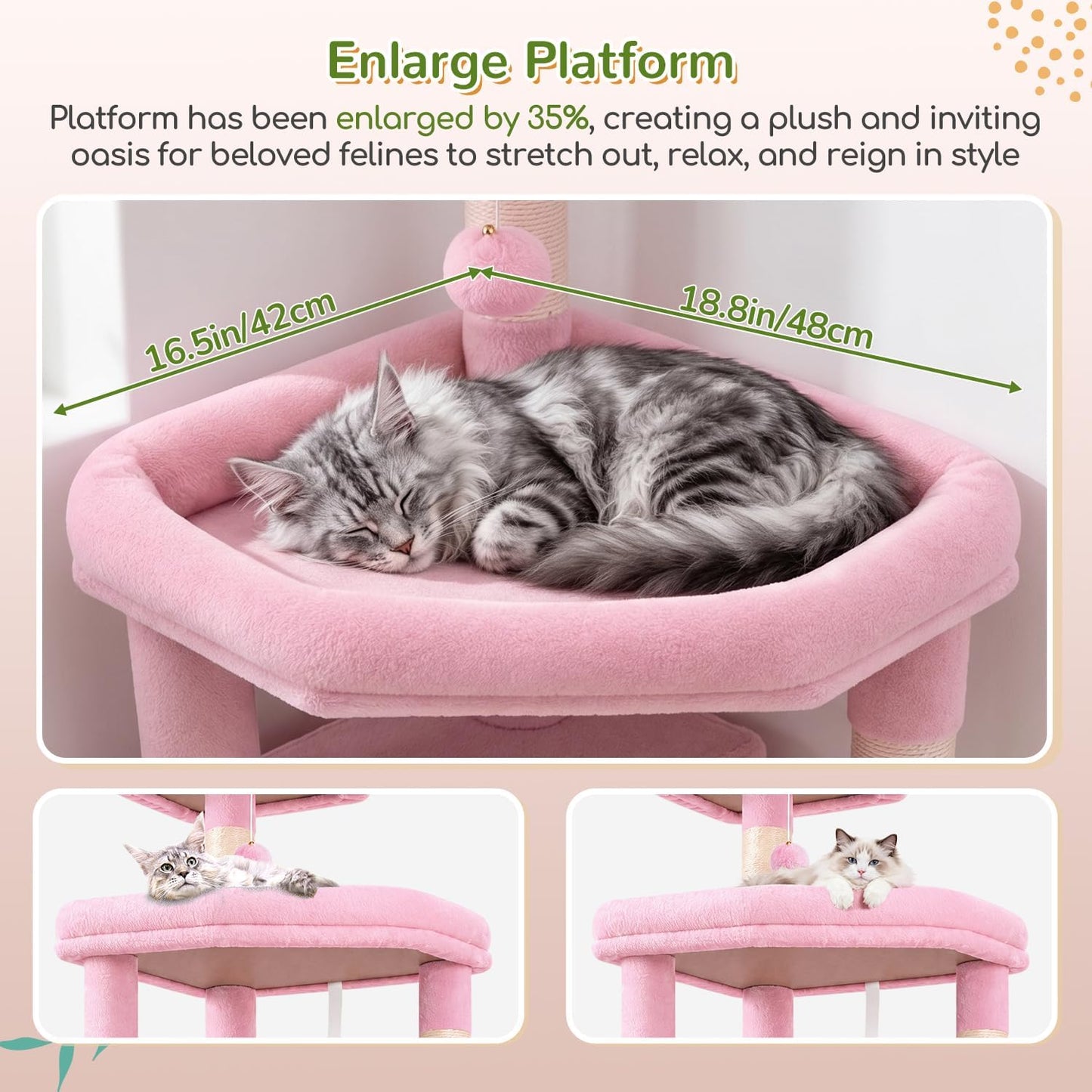Extra Large Platform Cactus Cat Tree, 65in Sturdy Cat Tree for Multiple Indoor Cats Large Adult, Big Cat Tower with 3 Padded Perches, 6 Scratching Posts, Spacious Condo, Hammock, S65, Green