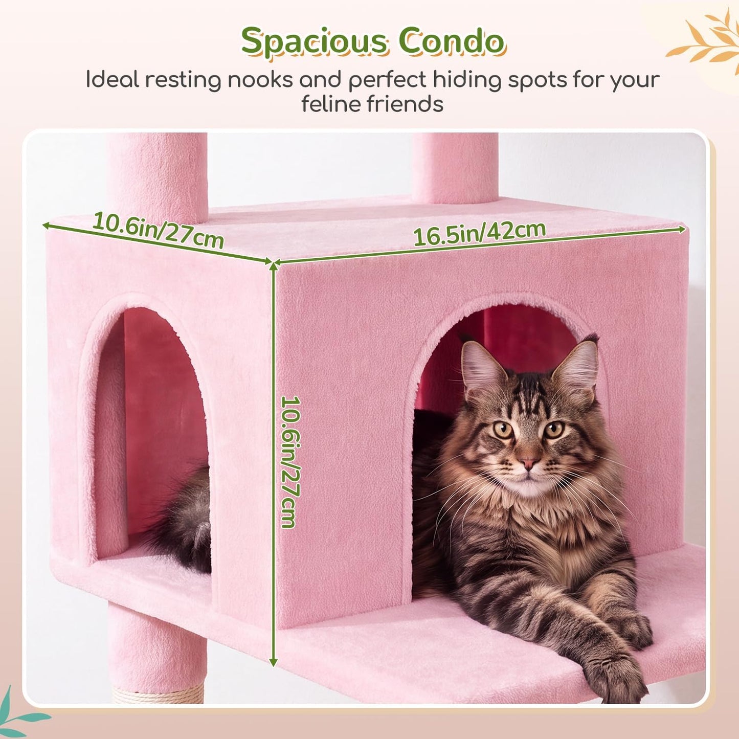 Extra Large Platform Cactus Cat Tree, 65in Sturdy Cat Tree for Multiple Indoor Cats Large Adult, Big Cat Tower with 3 Padded Perches, 6 Scratching Posts, Spacious Condo, Hammock, S65, Green