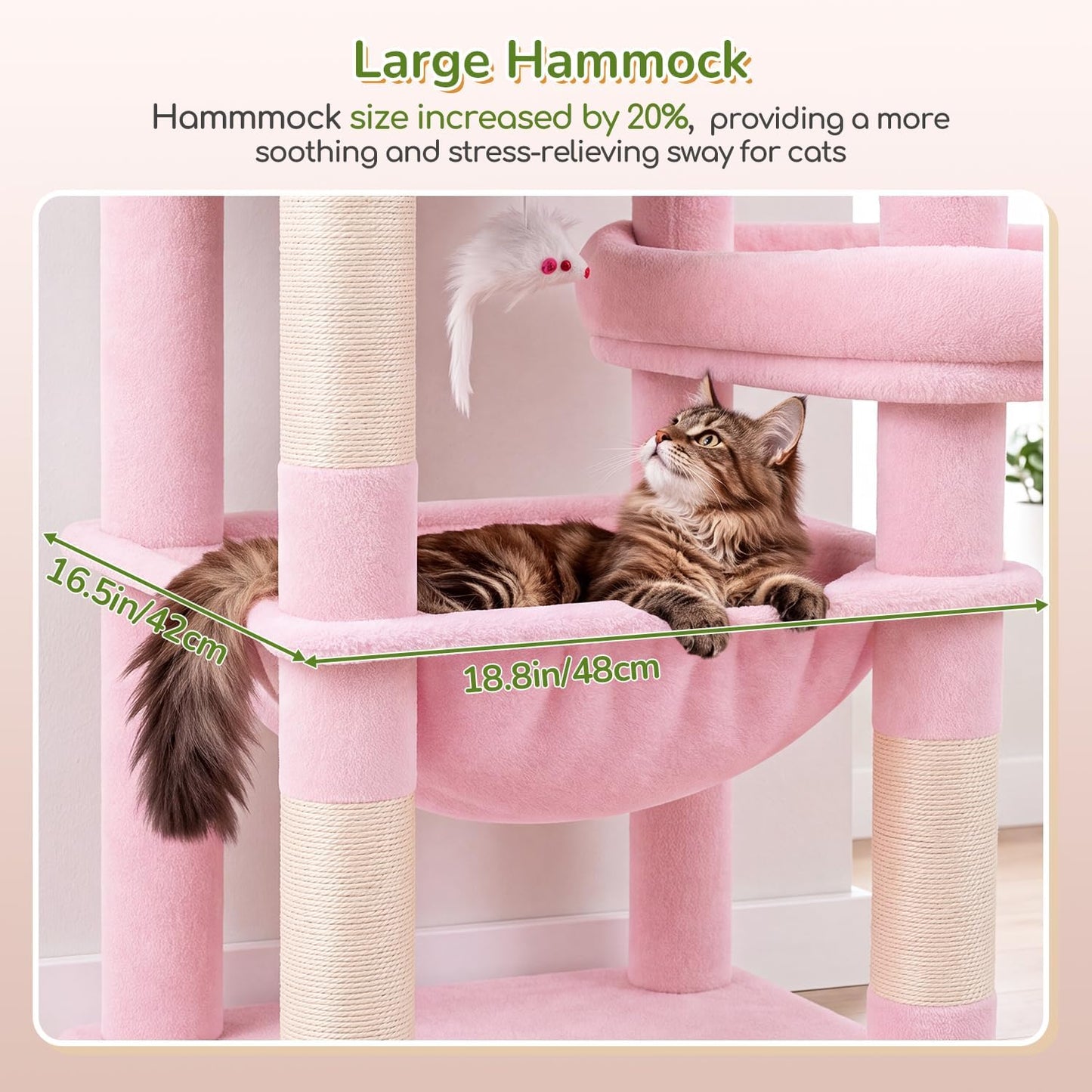 Extra Large Platform Cactus Cat Tree, 65in Sturdy Cat Tree for Multiple Indoor Cats Large Adult, Big Cat Tower with 3 Padded Perches, 6 Scratching Posts, Spacious Condo, Hammock, S65, Green