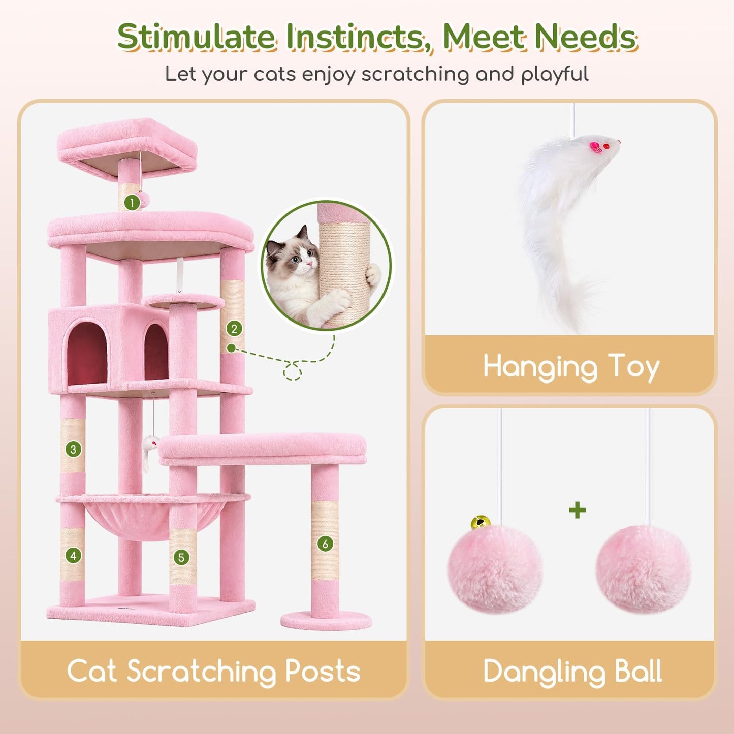 Extra Large Platform Cactus Cat Tree, 65in Sturdy Cat Tree for Multiple Indoor Cats Large Adult, Big Cat Tower with 3 Padded Perches, 6 Scratching Posts, Spacious Condo, Hammock, S65, Green
