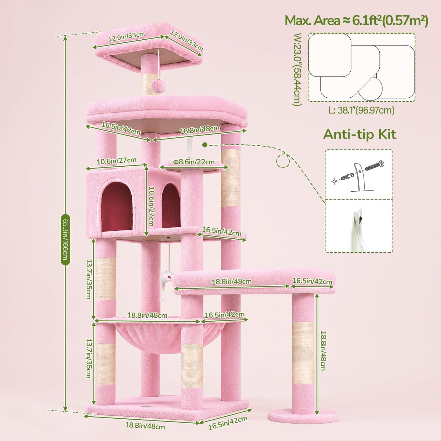 Extra Large Platform Cactus Cat Tree, 65in Sturdy Cat Tree for Multiple Indoor Cats Large Adult, Big Cat Tower with 3 Padded Perches, 6 Scratching Posts, Spacious Condo, Hammock, S65, Green