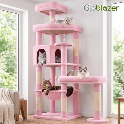Extra Large Platform Cactus Cat Tree, 65in Sturdy Cat Tree for Multiple Indoor Cats Large Adult, Big Cat Tower with 3 Padded Perches, 6 Scratching Posts, Spacious Condo, Hammock, S65, Green