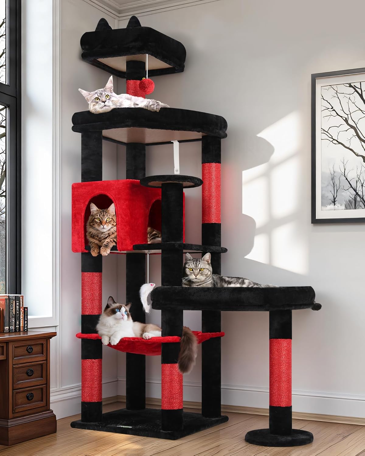 Extra Large Platform Cactus Cat Tree, 65in Sturdy Cat Tree for Multiple Indoor Cats Large Adult, Big Cat Tower with 3 Padded Perches, 6 Scratching Posts, Spacious Condo, Hammock, S65, Green