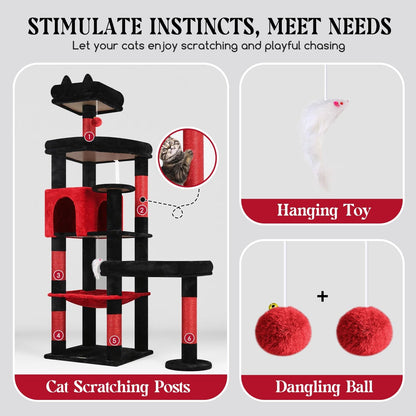 Extra Large Platform Cactus Cat Tree, 65in Sturdy Cat Tree for Multiple Indoor Cats Large Adult, Big Cat Tower with 3 Padded Perches, 6 Scratching Posts, Spacious Condo, Hammock, S65, Green