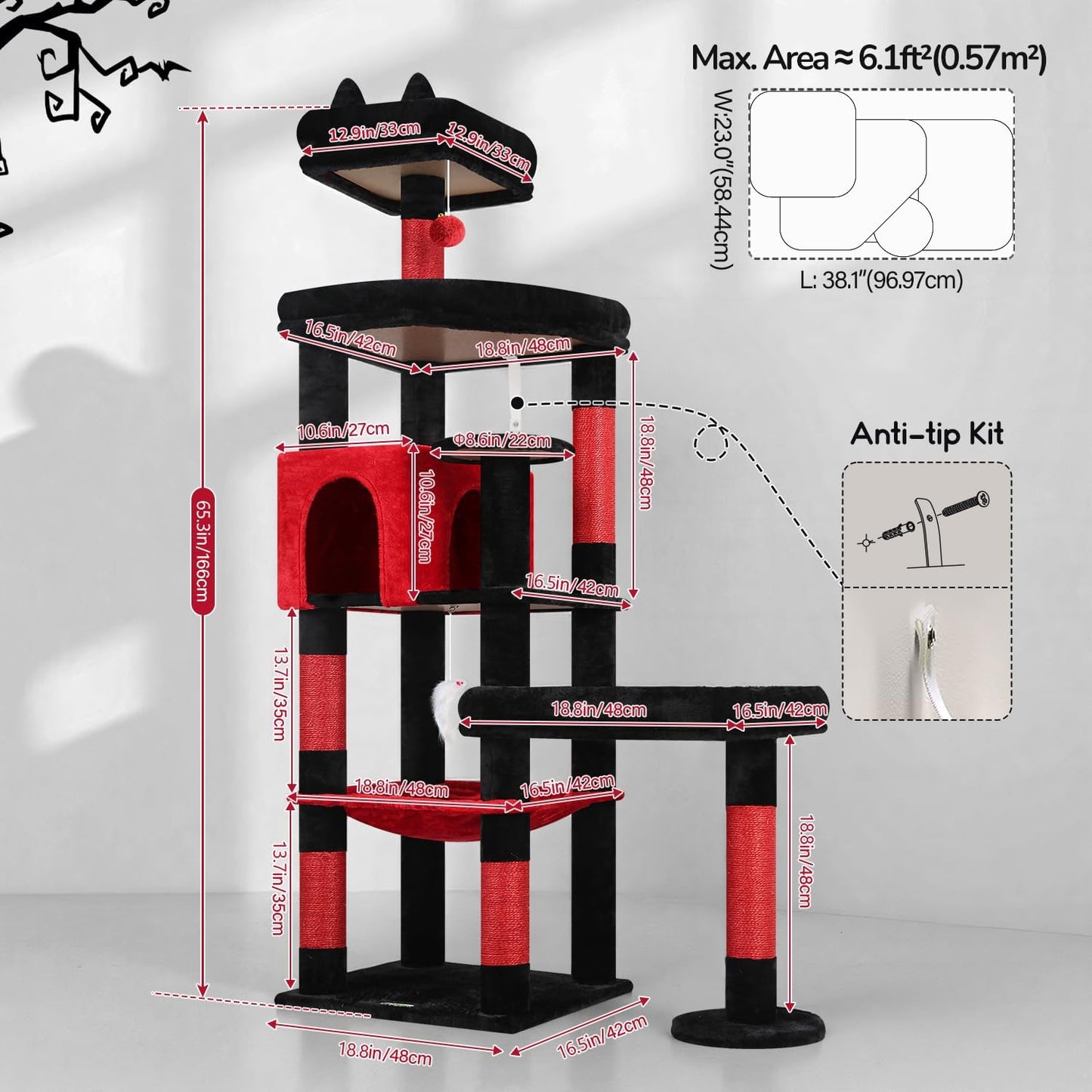 Extra Large Platform Cactus Cat Tree, 65in Sturdy Cat Tree for Multiple Indoor Cats Large Adult, Big Cat Tower with 3 Padded Perches, 6 Scratching Posts, Spacious Condo, Hammock, S65, Green