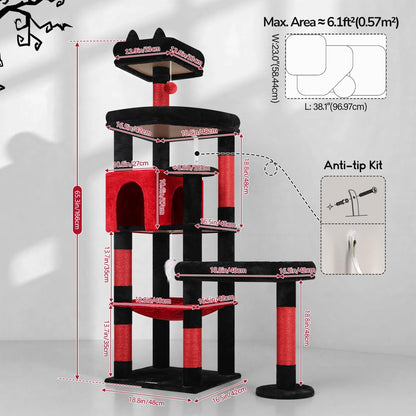 Extra Large Platform Cactus Cat Tree, 65in Sturdy Cat Tree for Multiple Indoor Cats Large Adult, Big Cat Tower with 3 Padded Perches, 6 Scratching Posts, Spacious Condo, Hammock, S65, Green