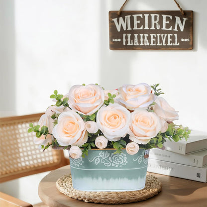 Artificial Rose Flower Arrangement for Table Centerpiece, Farmhouse Red Silk Flowers with Eucalyptus in Rustic Galvanized Metal Po Faux Floral Centerpiece for Dining Table, Home, Office Décor