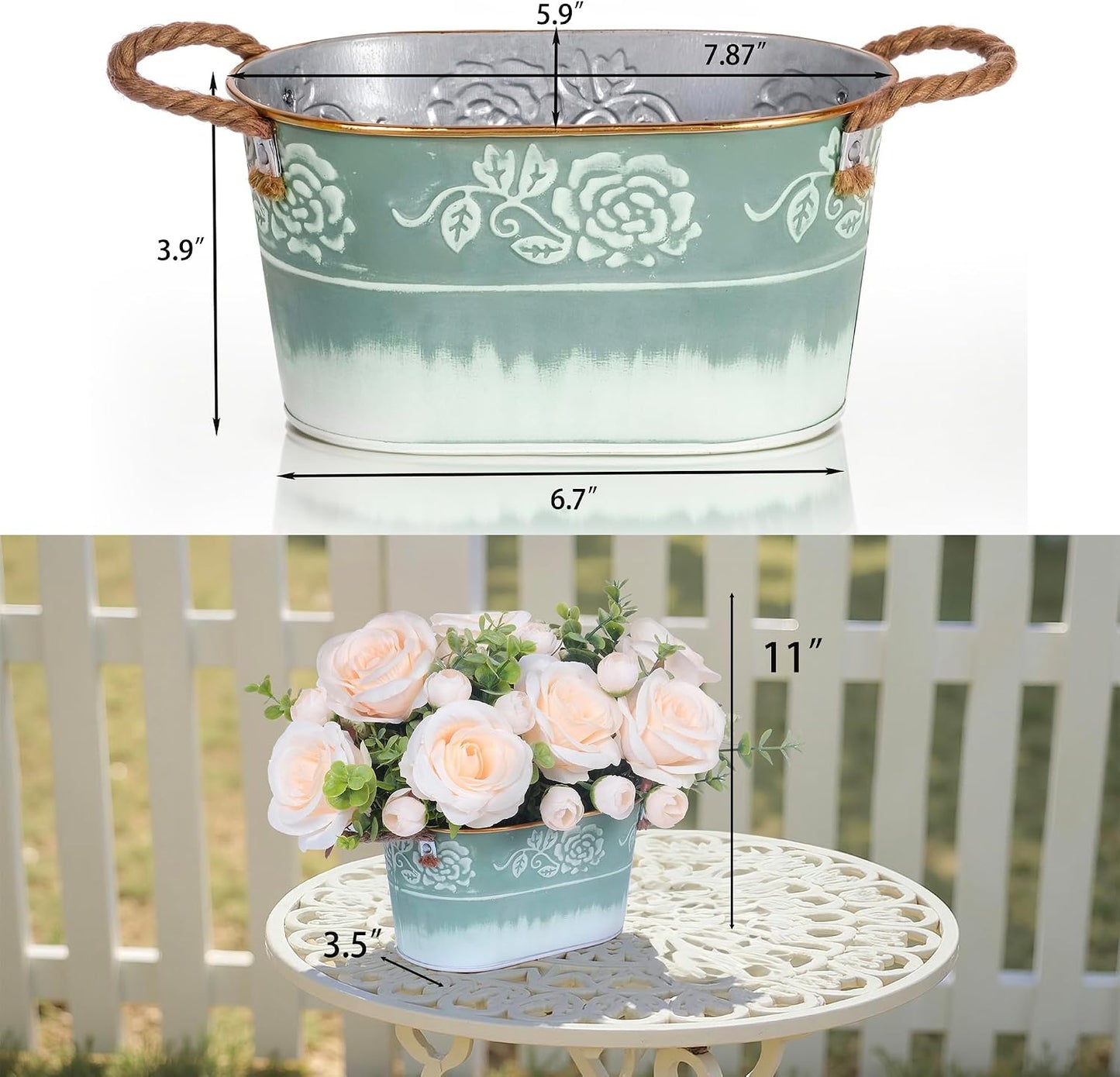 Artificial Rose Flower Arrangement for Table Centerpiece, Farmhouse Red Silk Flowers with Eucalyptus in Rustic Galvanized Metal Po Faux Floral Centerpiece for Dining Table, Home, Office Décor