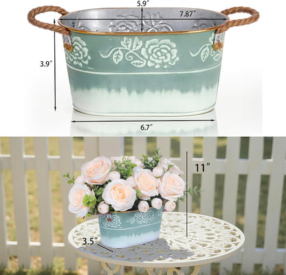 Artificial Rose Flower Arrangement for Table Centerpiece, Farmhouse Red Silk Flowers with Eucalyptus in Rustic Galvanized Metal Po Faux Floral Centerpiece for Dining Table, Home, Office Décor