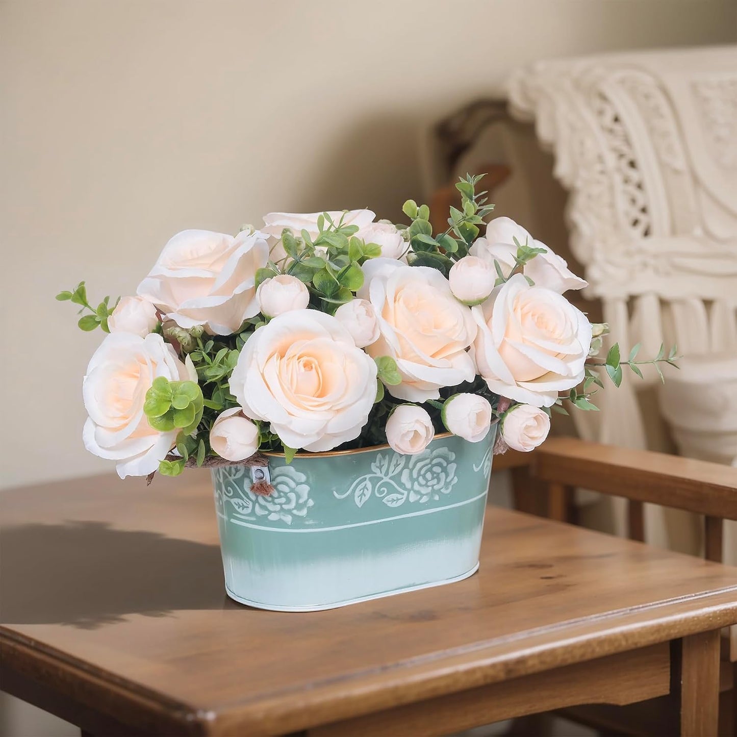 Artificial Rose Flower Arrangement for Table Centerpiece, Farmhouse Red Silk Flowers with Eucalyptus in Rustic Galvanized Metal Po Faux Floral Centerpiece for Dining Table, Home, Office Décor