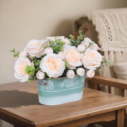 Artificial Rose Flower Arrangement for Table Centerpiece, Farmhouse Red Silk Flowers with Eucalyptus in Rustic Galvanized Metal Po Faux Floral Centerpiece for Dining Table, Home, Office Décor