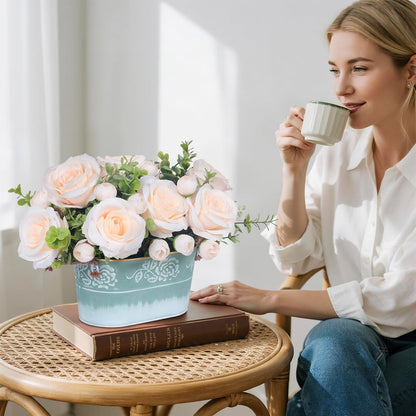 Artificial Rose Flower Arrangement for Table Centerpiece, Farmhouse Red Silk Flowers with Eucalyptus in Rustic Galvanized Metal Po Faux Floral Centerpiece for Dining Table, Home, Office Décor